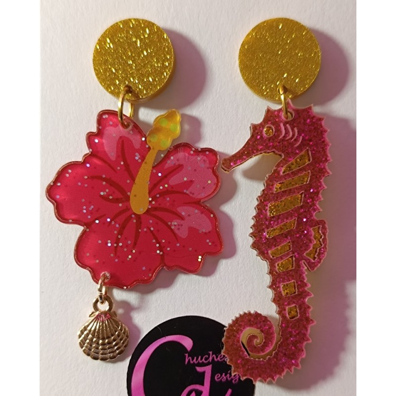 Pendientes caballito y flor de hibisco metacrilato