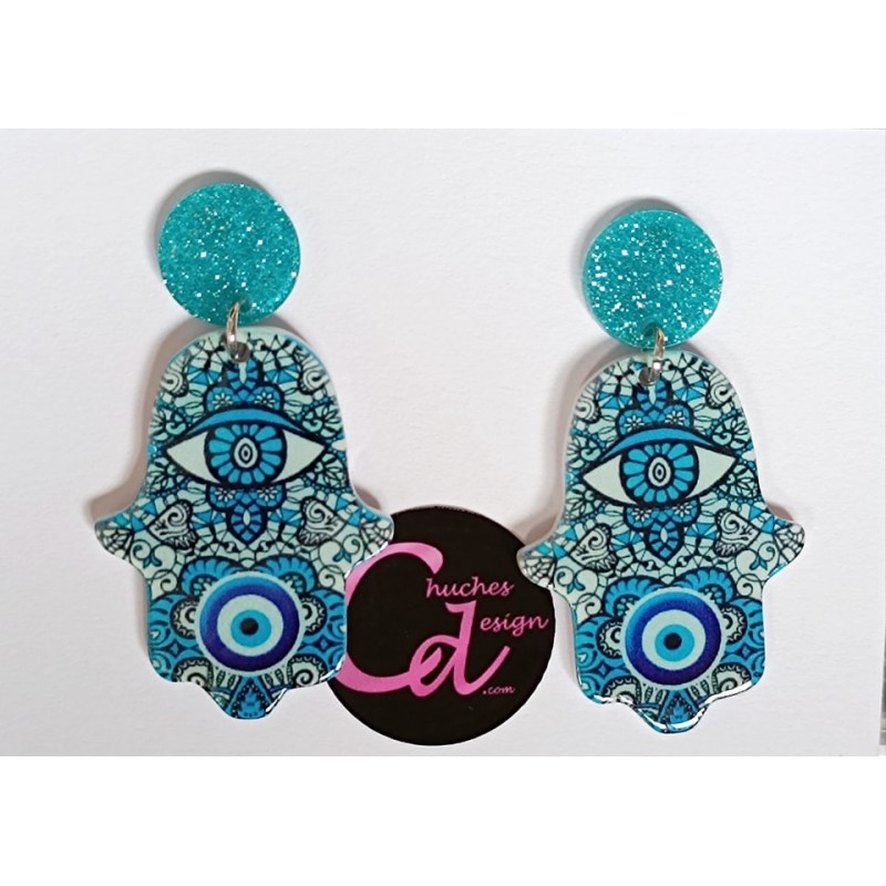 Pendientes mano de fatima con ojo turco de metacrilato